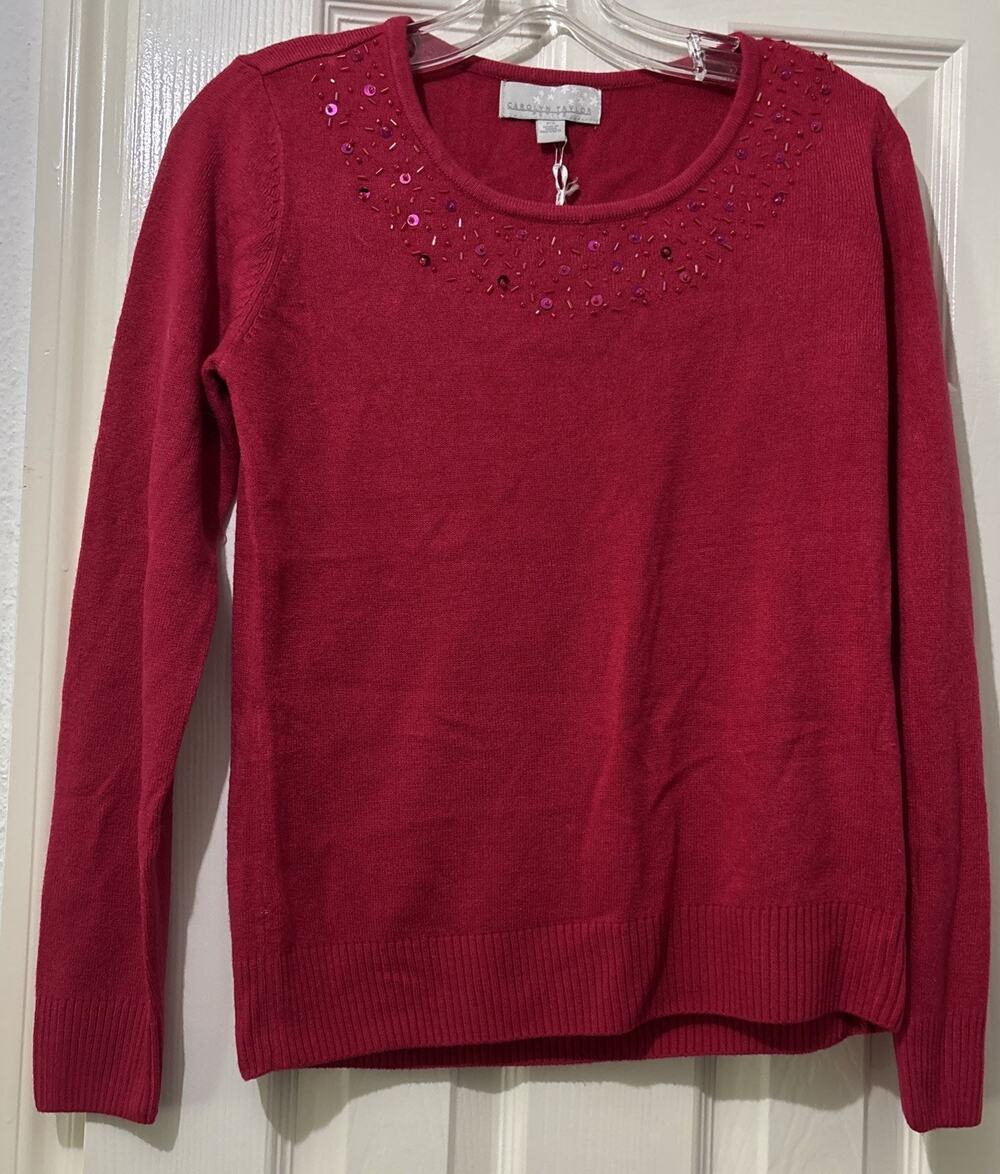 NWT Carolyn Taylor Petite Sweater Pink Fuchsia Beads Embellished Size PS Knit